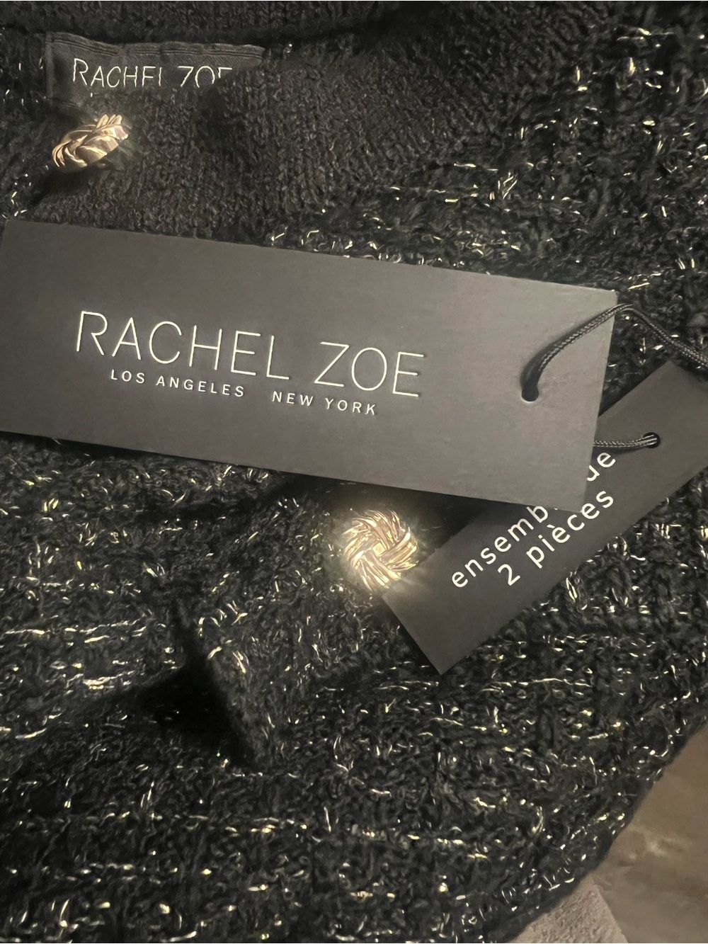 Rachel Zoe Black Knit Cardigan and Mini Skirt Set with Metallic Threading